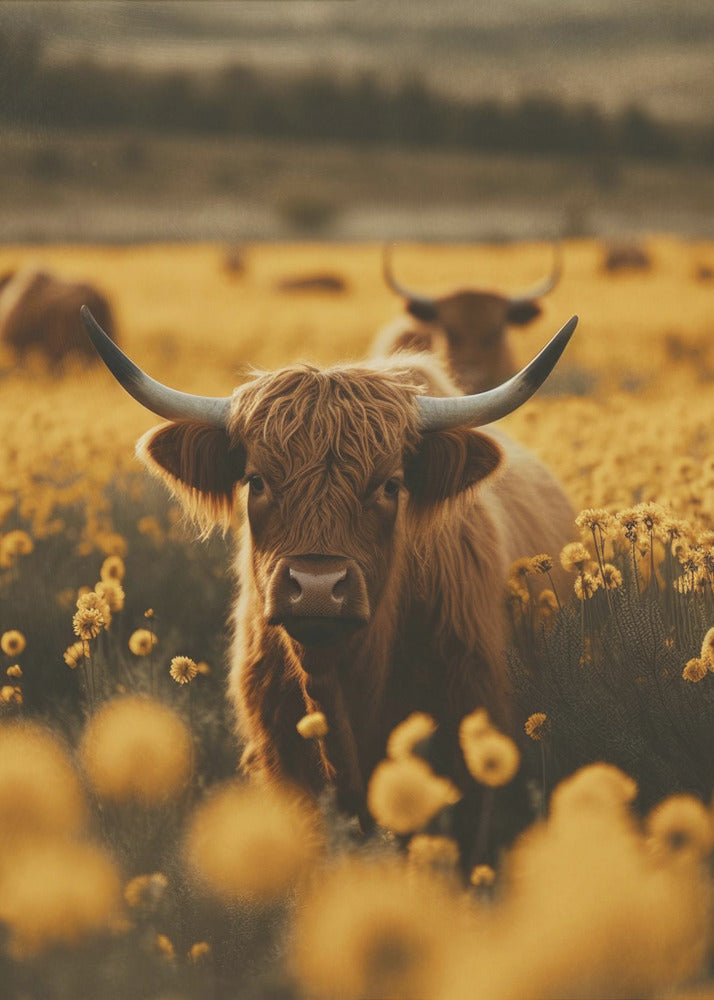 Wall Art Highland Cows In Flower Field