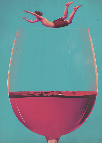 Surreal Diver above a Red Wine Glass Canvas Wall Art | Wine Dive