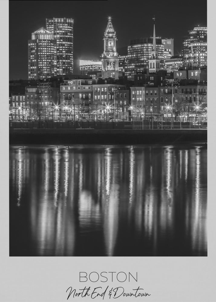Boston Waterfront Night Reflections Canvas Wall Art | BOSTON Evening Skyline of North End