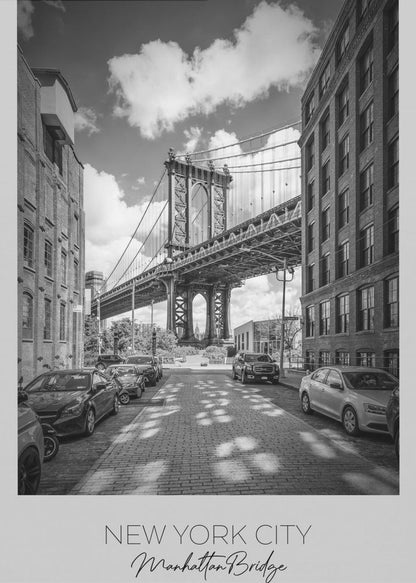 Black and White Manhattan Bridge Street View Canvas Wall Art | NEW YORK CITY Manhattan Bridge