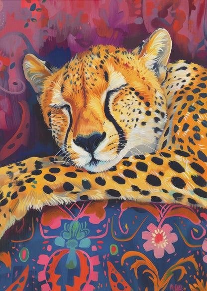 Resting Cheetah on Richly Patterned Fabric Canvas Wall Art