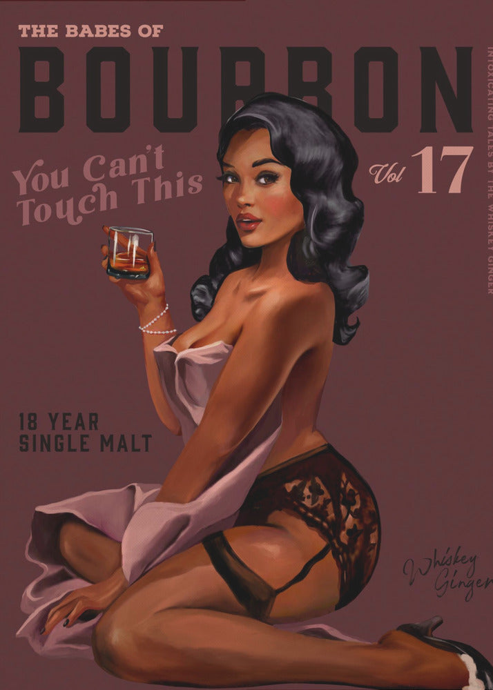 Retro Whiskey Pinup on Burgundy Background Canvas Wall Art