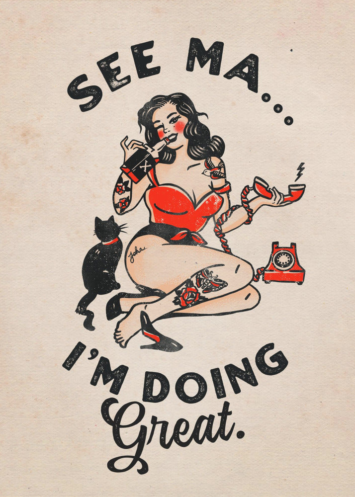 Funny Retro Pinup Woman and Cat Poster Canvas Wall Art | See Ma Poster Funny Vintage Pinup Girl & Cat