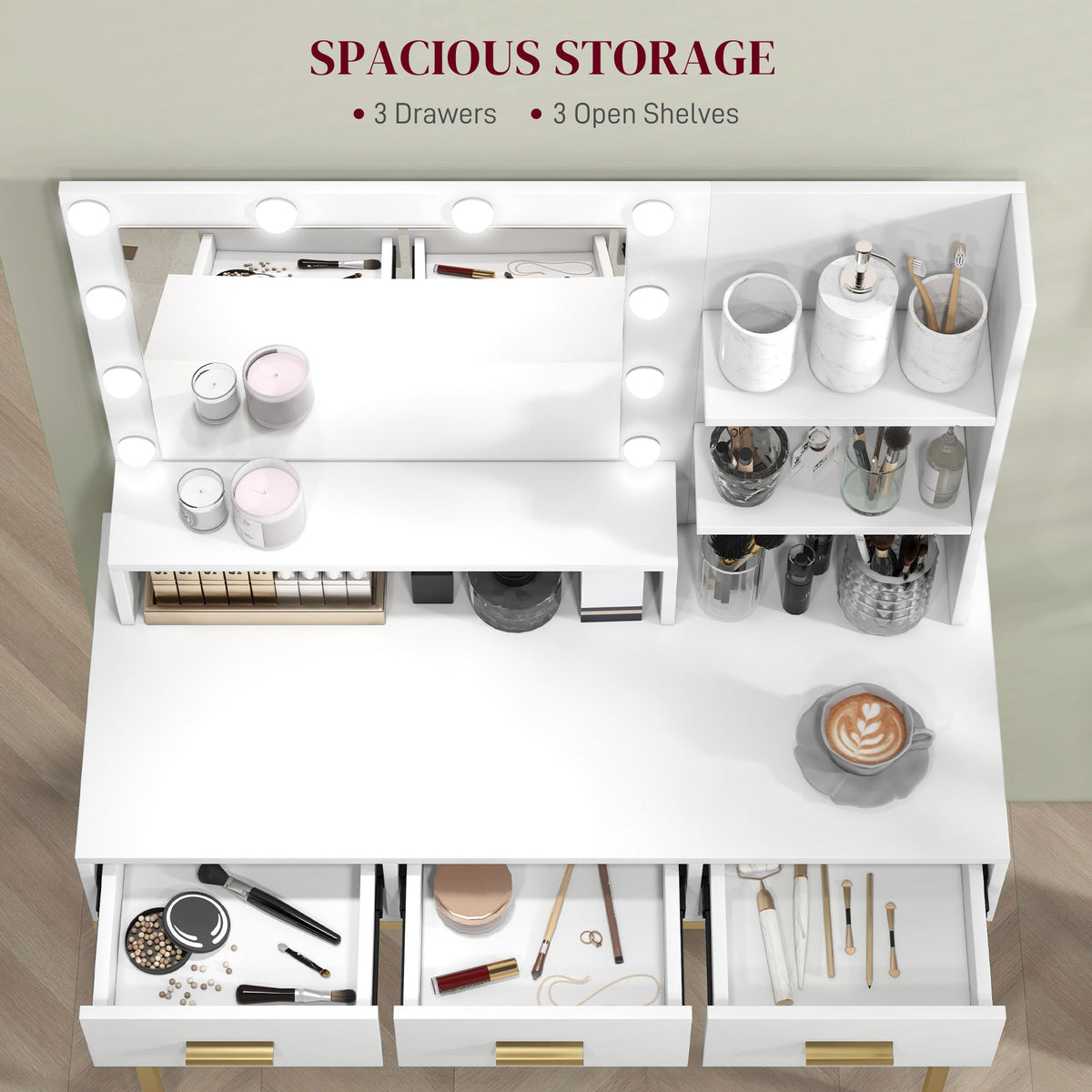 Coiffeuse Sophia Illuminated avec lumières LED et 3 tiroirs-Blanc