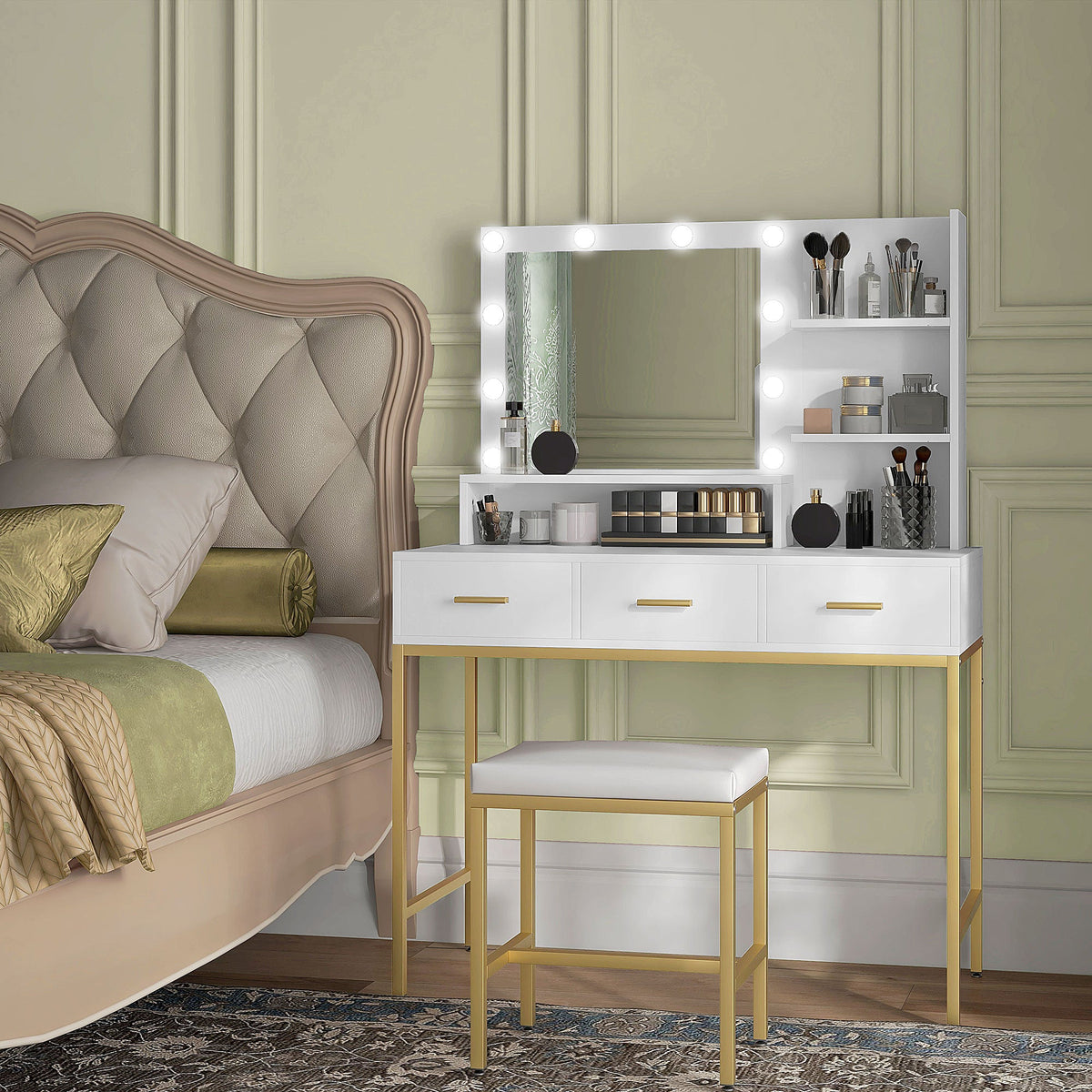 Coiffeuse Sophia Illuminated avec lumières LED et 3 tiroirs-Blanc
