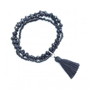 Triple-Strand Crystal Bead Bracelet With Tassel