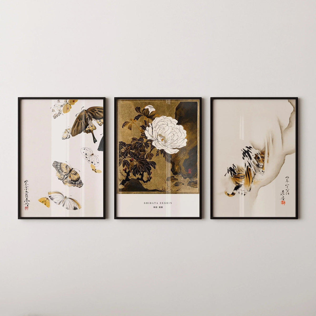 Shibata Zeshin Japanese Art Print Set: Butterflies, Peonies, Tiger