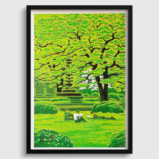 Estampe Giclée Shiro Kasamatsu "Campus de printemps" : Art paisible de l'estampe sur bois japonaise