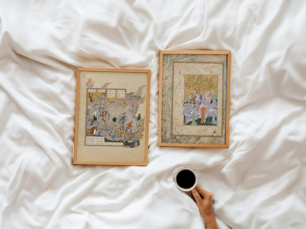 STATEMENT DUO Ancient Persian Miniatures - Hawking Party and Shahnameh |  | Ancient Illuminated Manuscript available framed