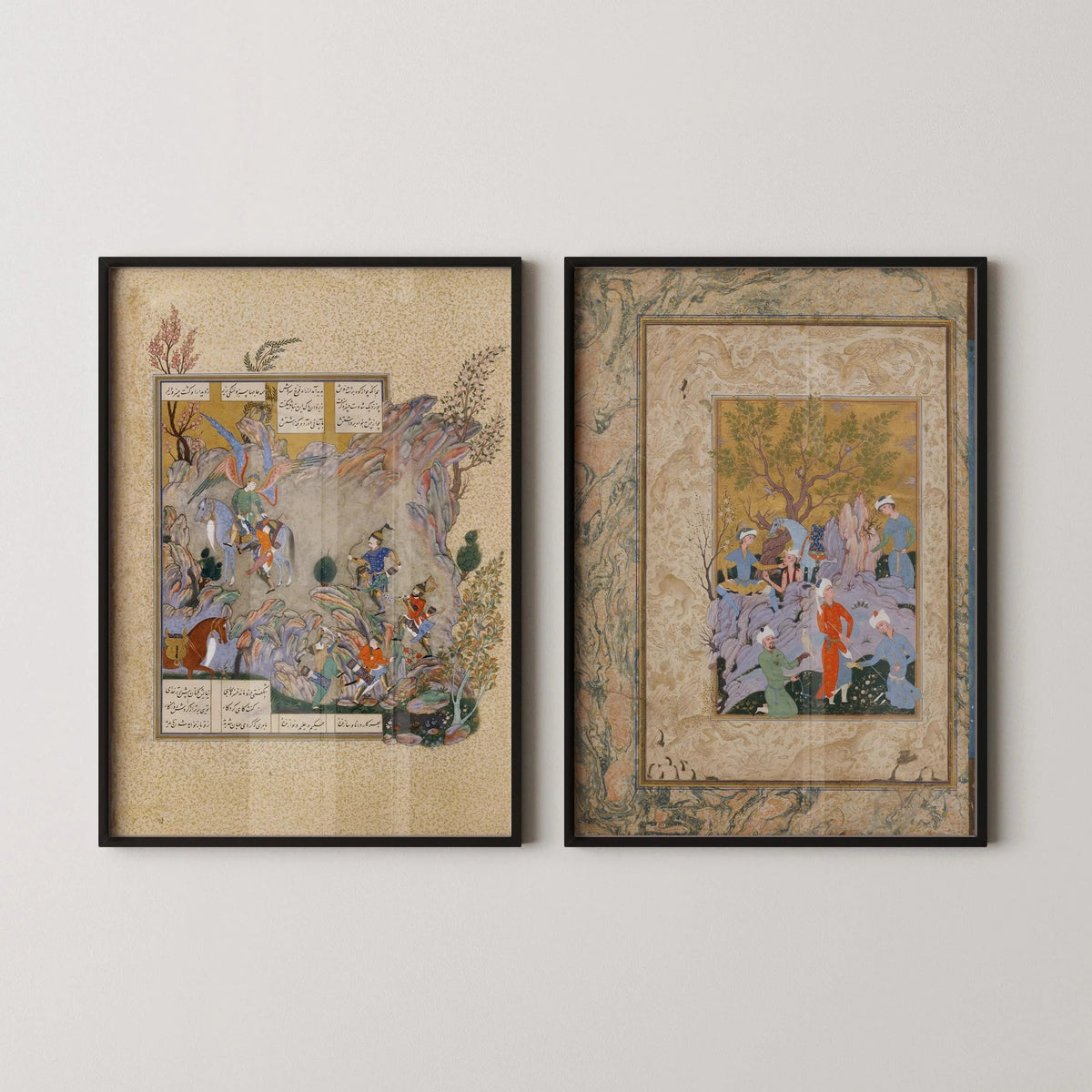 STATEMENT DUO Ancient Persian Miniatures - Hawking Party and Shahnameh |  | Ancient Illuminated Manuscript available framed