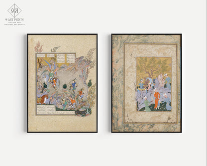 STATEMENT DUO Ancient Persian Miniatures - Hawking Party and Shahnameh |  | Ancient Illuminated Manuscript available framed