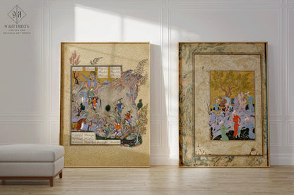 STATEMENT DUO Ancient Persian Miniatures - Hawking Party and Shahnameh |  | Ancient Illuminated Manuscript available framed