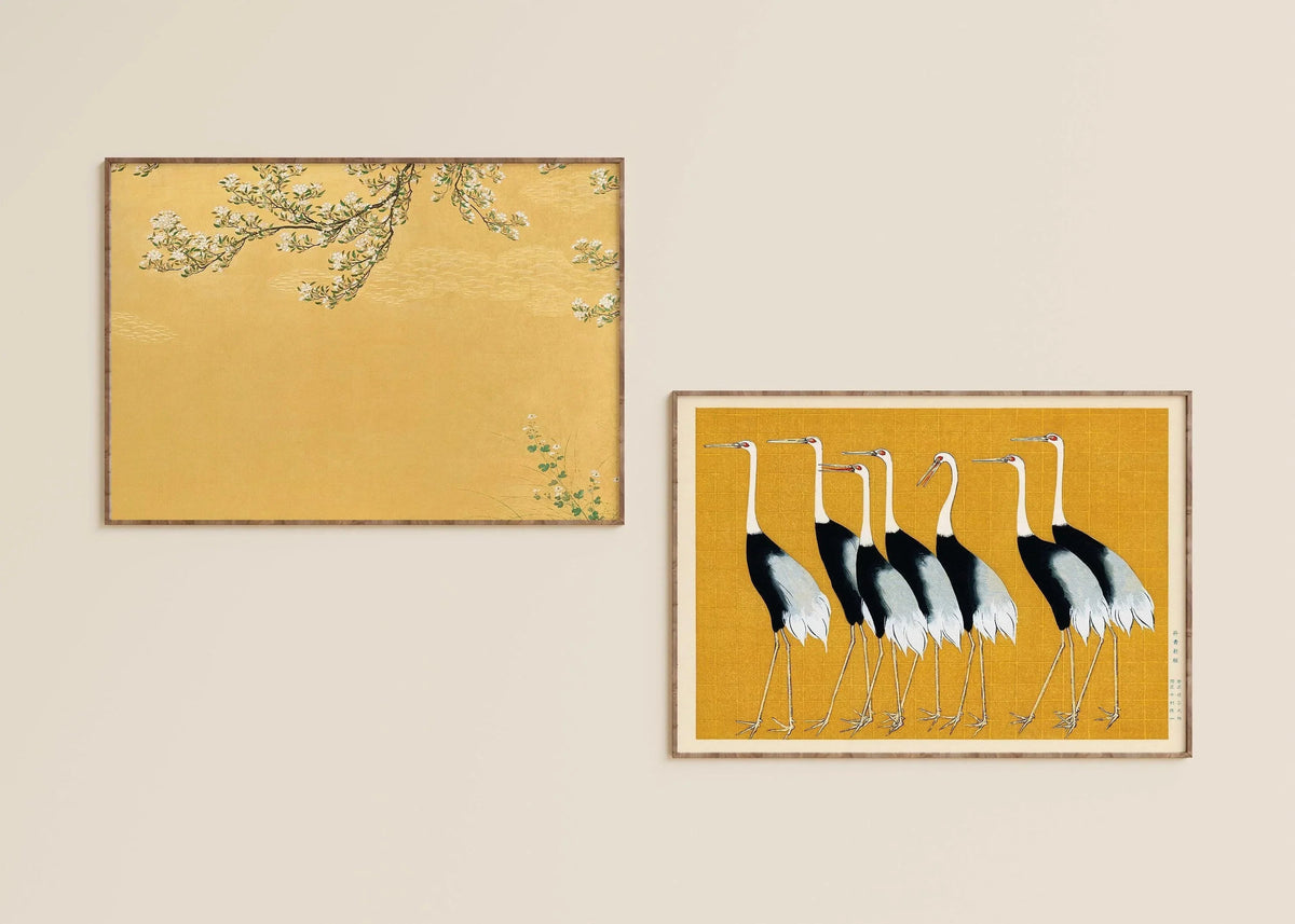 Japanese Crane Art Prints: Ukiyo-e Style, Yellow Shin Hanga Duo