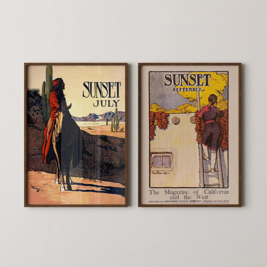 Estampe de couverture de Maynard Dixon pour le magazine Sunset : Cowboy occidental et art amérindien