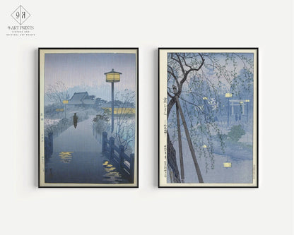 Kasamatsu Japanese Art Print Set: Rain & Evening Pond, Blue Vintage Art