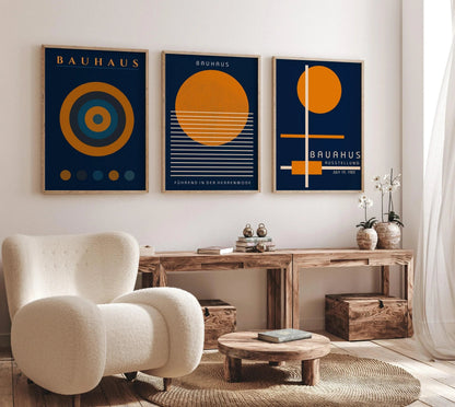 STATEMENT TRIO Bauhaus Navy-Blue Orange | Mid-century Modern Art available framed or unframed