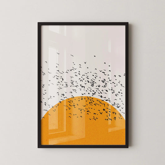 Impression Giclée Oiseaux au Coucher du Soleil : Art Rétro Minimaliste, Option Encadrée à la Main