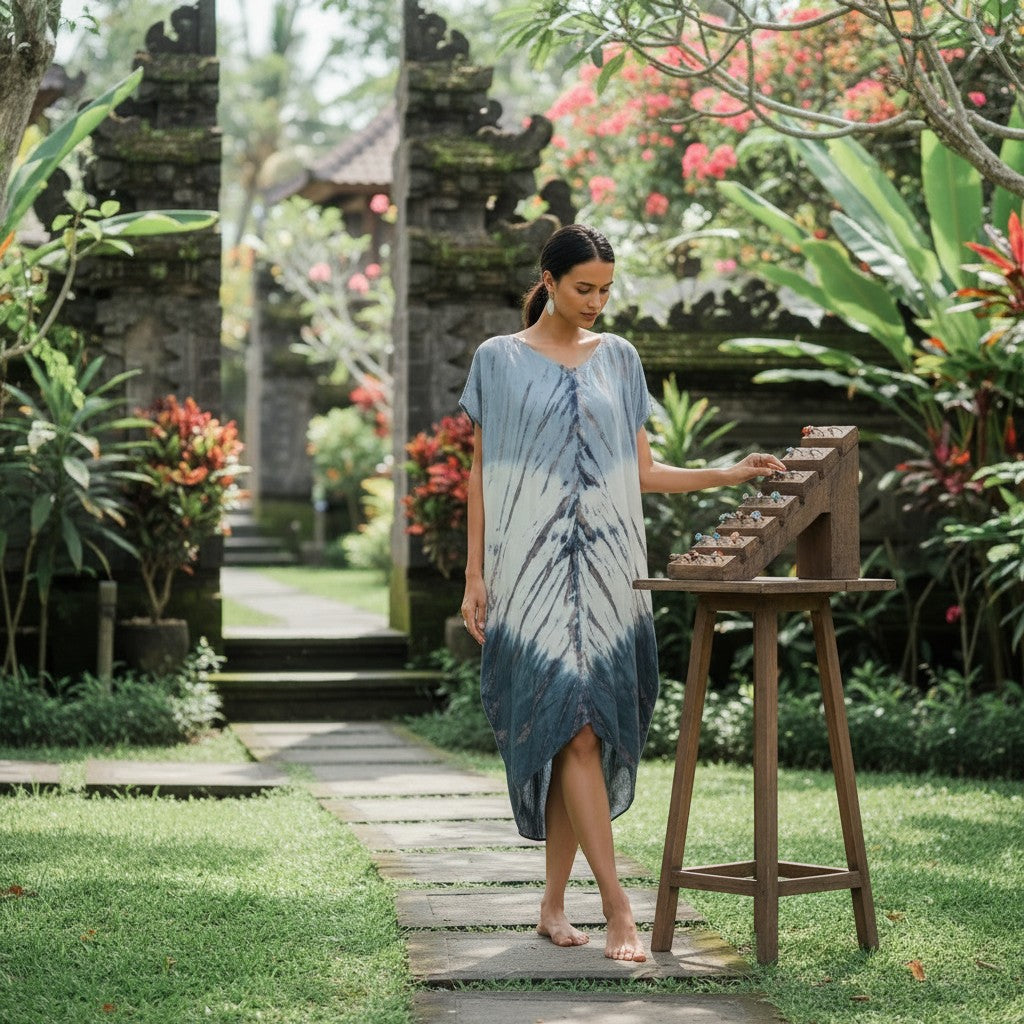 Tie Dye Lapis Ombre Kaftan Dress - Cream & Grey