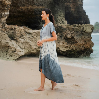 Tie Dye Lapis Ombre Kaftan Dress - Cream & Grey