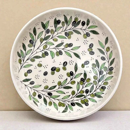 Large Handmade Ceramic Serving Bowl 35 cm – Palestinian Zatoun Branch Salad & Fruit Bowl, Decorative Tableware