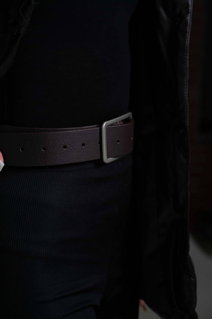 Lucille - Black Leather Dress Belt with Rectangle Buckle - Made in Canada