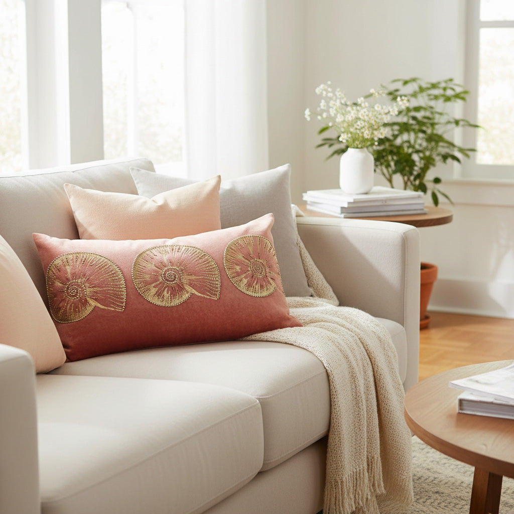 14x22" Velvet Lumbar Pillow – Golden Shell Embroidery, Silk Back, Designer Accent