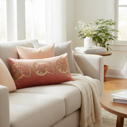 14x22" Velvet Lumbar Pillow – Golden Shell Embroidery, Silk Back, Designer Accent