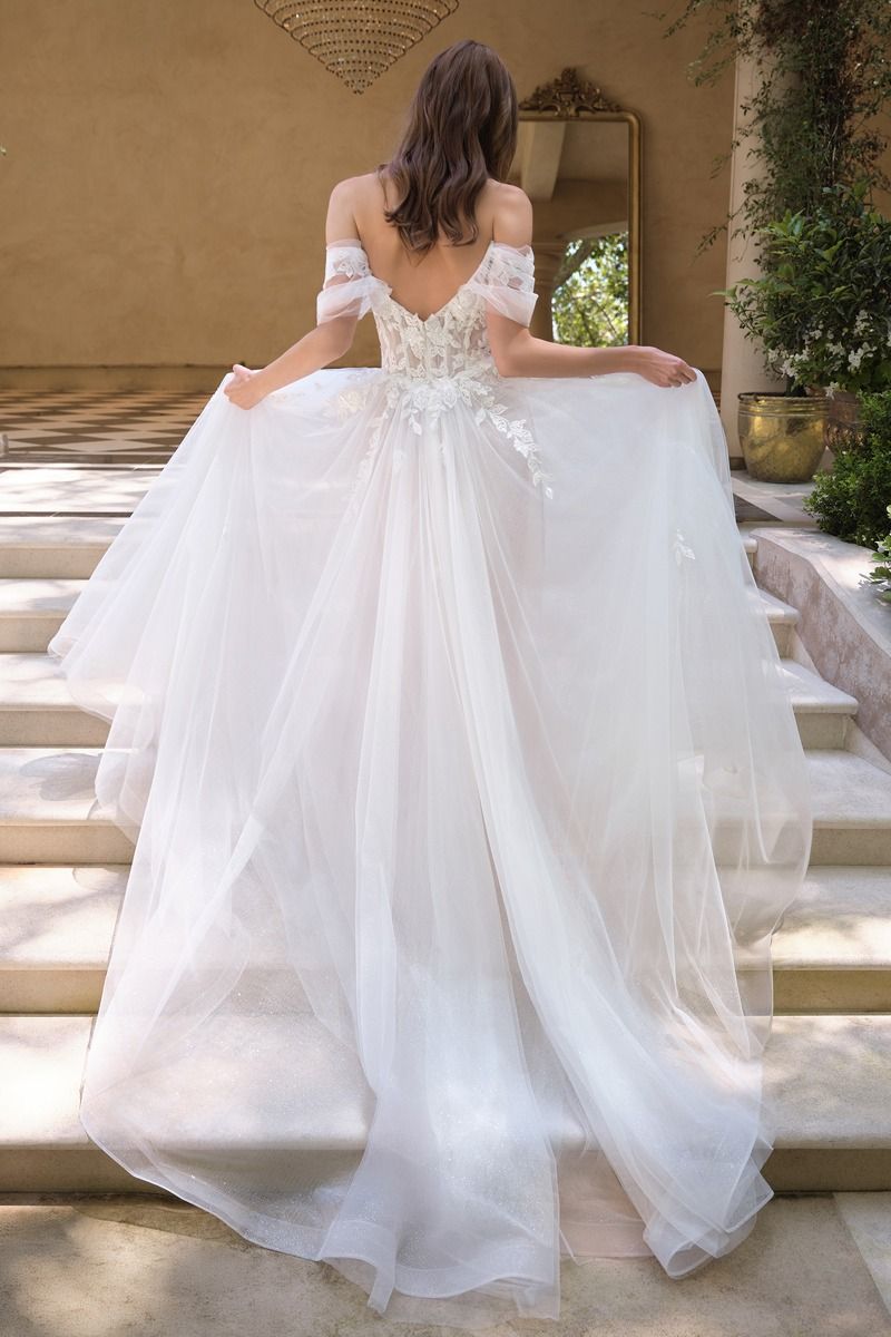 Off-the-shoulder illusion neckline with floral appliqué