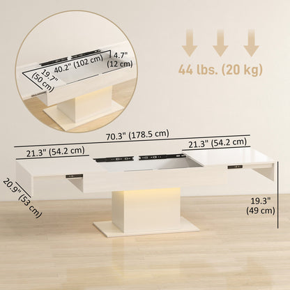 Table basse extensible Halston avec lumières LED et rangement dissimulé - Blanc