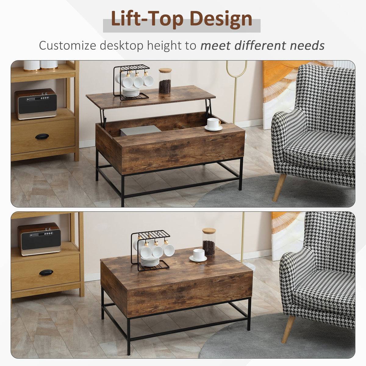 Table basse relevable Reese avec compartiment de rangement caché - Marron rustique