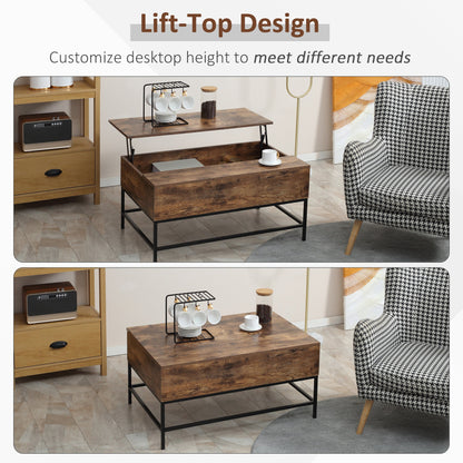 Table basse relevable Reese avec compartiment de rangement caché - Marron rustique